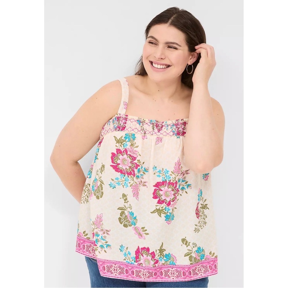 Lane Bryant Tank Top Womens 18 Cream Pink Floral Smocked Square Neck Cotton NEW
